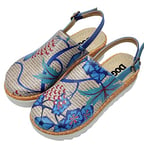 DOGO Femme Cuir Vegan Bleu Sandales Compensées - Istanbul Oriental Motif