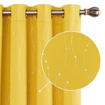 Deconovo Lot de 2 Rideaux Occultants Isolant Thermique Anti Froid pour Enfant Rideaux à Oeillets Les Point-Lignes Imprimés Argents 168x183CM Jaune Moutarde