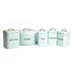 5pc Vintage Blue Stainless Steel Storage Set with Tea, Coffee and Sugar Canisters, Biscuit Tin and Domed Cake Tin