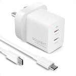 USB C Plug 47W, GOLDNEXT Dual Port USB C GaN Fast Charger Plug UK PD 3.0 & PPS 33W with 100W 5A Type C Cable for iPhone 16 Pro Max/15 Pro/15/14/13, Macbook Air, Galaxy S24/S23, iPad Air, Pixel 9/8 Pro