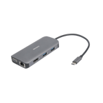 DELTACO – USB-C-telakka, 3x USB-A, SD/microSD, RJ45, HDMI, VGA, hopea (USBC-HDMI25)
