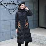 SDCVRE Down jacket,Chinese Style Women Winter X-Long Jacket Stand Collar Hooded Embroidery Oversized Female Thick Coat Big Pockets Retro parka,Black,XXXL