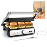 Aigostar Sandwich Toaster 2000W Toastie Maker with Meat Thermometer, Recipes, Deep Fill Panini Press with Removable Non-Stick Plate, 180° Flat Open Large Grill, Adjustable Temperature, Stainless Steel