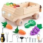 Sundaymot Busy Board Montessori Jouet Enfant avec Camion en Bois Rempli de Fruits et Légumes, avec Serrure à Clé, Vis et Lumière LED, Boite a Outils Enfant Jeux Educatif Jeux Montessori 3 Ans