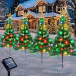 Solar Christmas Tree with Star Topper Christmas Outdoor Decorations, 4 Pack Christmas Tree with Snowflake 80LED Lights, Solar Christmas Garden Lights with Balls Bells for Christmas Decoration Outside