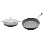 MasterClass MCMSCRD28GRY Shallow Casserole Dish with Lid, Lightweight Cast Aluminium, Ombre Grey, 4 Litre/28 cm & MCMFP28 Cast Aluminium Induction-Safe Non-Stick Frying Pan, 28 cm (11"), Grey