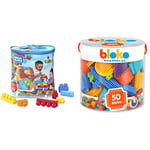 MEGA Bloks Sac Bleu, Jeu de Blocs de Construction, 60 pièces, Jouet pour bébé et Enfant de 1 à 5 Ans, DCH55 & BLOKO Tube de 50 Mon Premier Jeu de Blocs de Construction – Dès 12 Mois