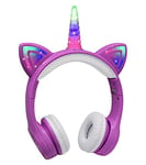 YUSONIC Unicorn Kids Wireless Headphones, Toddler Bluetooth Headphones for Girls Boys laptop Tablet,Led Light Up Kids Headphone for Birthday travel school Gifts. (dark purple)