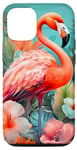 iPhone 15 Tropical pink flamingo teal orange wildflower palm leaves Case