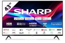 Sharp 43GJ2K 43-Inch 4k Ultra HD Smart Frameless Roku TV™ in Black with Active Motion 400, HDR10 Support, Freeview Play, Pre-Installed Apps, 3x HDMI & 2x USB