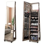 GOPLUS Armoire à Bijoux avec Miroir, Organisateur de Bijoux avec Lumières LED 3 Couleurs, Serrure, Miroir de Courtoisie Intégré, Anti-Basculement, 4 en 1 Armoire à Bijoux sur Pied avec Roues (Café)