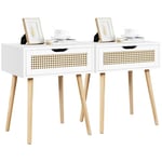 Yaheetech Lot de 2 Tables de Chevet Scandinave Table de Nuit en Bois Chevet de Lit Chambre Adulte Table d'Appoint 1 Tiroir en Rotin pour Salon 48,5 x 41 x 58 cm Blanc