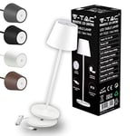 V-TAC Lampe de Table sans Fil LED Dimmable avec Commandes Tactiles - Élégante Lampe Blanche pour Intérieur et Extérieur IP54 pour Maison, Restaurant, Bureau - 4400 mAh - Lumière Blanc Chaud 3000K