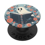 Spooky Cute Ghost Reading Book Retro Floral Bookworm PopSockets Adhesive PopGrip