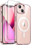 3 En 1 Coque Magn¿¿Tique Pour Iphone 13 6,1 Pouces Avec Lot De 2 Films De Protection D'¿¿Cran En Verre Tremp¿¿, Compatible Avec Magsafe, ¿¿Tui Housse De T¿¿L¿¿Phone Antichoc (Rose)