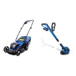 Hyundai 12.6"/32cm Cordless 20V MAX 4Ah Li-Ion Battery Hand Push Lawnmower & 20v Li-ion Cordless Strimmer, 250mm Trimming Width, 2ah Battery & Charger