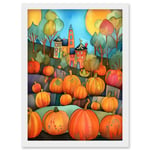 Farm House Halloween Pumpkin Patch Modern Folk Art Watercolour Painting Artwork Framed Wall Art Print A4