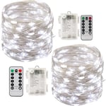 2 x 10m Batteridrivna LED-ljusslingor 100 LED-lampor Timerfunktion med Fjärrkontroll IP65 för Jul Bröllop Fest Hem Trädgård White light