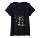 Womens Fox and owl on the tree animal lovers autumn leaves V-Neck T-Shirt