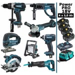 Makita - Pack Power pro 8 outils 18V : DDF458 + DHR202 + DGA504 + DTD152 + DJV180 + DSS610 + DJR186 + DEADML805 + 4 batt 5Ah + sac