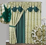 GOHD Samba Star Lot de 2 Rideaux de fenêtre Jacquard avec cantonnière Fantaisie attachée et Envers en Taffetas Vert foncé 137 x 229 cm