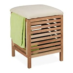 Relaxdays Tabouret avec Rangement, Panier, Noyer, Tissu, Corbeille à Linge 35 l, HLP : 51 x 39 x 39 cm, Nature