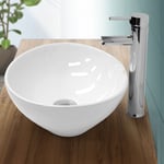 Lavabo en Céramique Blanc 410x330x142 mm avec Garniture de Vidage 1 1/4 Universelle sans Trop-Plein, Design Ovale, Vasque à Poser Moderne, Évier