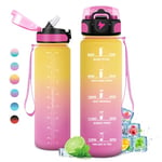 Gourde 1L, Gourde Sport, Gourde avec Paille Réutilisable Réutilisable, Bouteille d'eau avec Marqueur de Temps, Water Bottle pour Adulte, l'école, Cyclisme, Voyage, Camping, Fitness, Yoga, Bureau