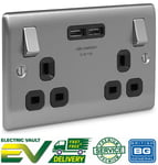 BG Nexus NBS22U3B Brushed Steel Satin Chrome USB Double Socket 2 Gang Black 3.1A