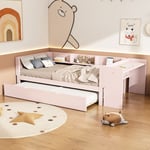 Lit gigogne 90x200cm, avec bureau, 3 étagères, sommier à lattes en bois, canapé-lit extensible, pour enfants, adolescents - Rose