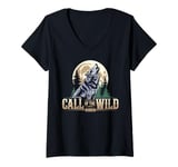 Womens Call of the Wild Howling Wolf Under Full Moon V-Neck T-Shirt