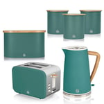 Swan Nordic Jug Kettle 2 Slice Toaster Set of 3 Canisters & Bread Bin Set Green