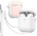 Étui pour AirPods Case Cover avec kit de Nettoyage, Housse de Protection complète Contre Les Chutes avec lanière, Couleur Macaron Jeune pour Airpods 2/1 gén,Blanc/Rose