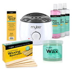 Mylee Salon Quality Waxing Kit Includes Wax Heater, Tea Tree Wax, Waxing Strips, Spatulas, Mylee Pre and After Care Lotion and Equipment Cleaner (Tea Tree Wax Kit)