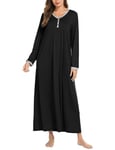 Ekouaer Chemise De Nuit Femme Manches Longues Imprimé Chemise De Nuit Hiver Robe De Nuit Vêtements De Nuit Longs Chemise De Sommeil Douce avec Boutons,Noir,M