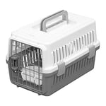 Iris Ohyama, Caisse, Cage, Box de transport pour Chien, Chat, 2 Portes, Clips, et Loquet de Sécurité, Plastique(PP) sans BPA, L46 x P29 x H28.5 cm, Train, Voiture et Avion, ATC-460, Gris