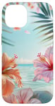 iPhone 14 Palm Tree Hibiscus Sunset on the Beach Light Blue Case