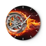 Horloge murale en verre 40x40cm Silencieuse Wheel Flames Rim Wall Clock