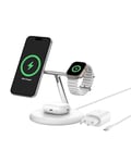 Belkin BoostCharge Pro Station de Recharge 3-en-1 avec Qi2 (15 W, MagSafe, pour Tous Les modèles de l'iPhone 16, 15, 14 et 13, Les AirPods, l'Apple Watch, etc., Adaptateur Secteur Inclus, Blanche)