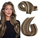 Moresoo Tissage Naturel Cheveux Humain Tissage Lisse Brun Foncé avec Blond Caramel Extension Tissage Cheveux Humain 16 Pouces 100G/Paquet #P4/27