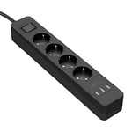 KabelDirekt – Bloc multiprise (4 prises, 3 porte chargeurs USB, max. 4,8 A, charge max. multiprise, 4000 W, 250 V, 16 A, certifié GS et TÜV, sécurité enfant, protection parafoudre, surtension)