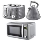 GEEPAS Electric Kettle 4 Slice Bread Toaster & Microwave Kitchen Set | 1.5L Pyramid Kettle 3000W | 4 Slice Toaster with 7 Level Browning Control, 1750W | 700W Digital Microwave 20L, Grey