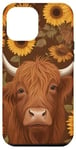 Coque pour iPhone 15 Plus Cuir de vache marron avec vaches des Highlands et tournesols