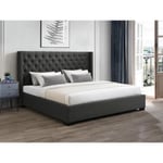 Vente-unique Lit coffre 200 x 200 cm avec tête de lit capitonnée - Tissu - Gris + Matelas - MASSIMO