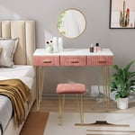 Coiffeuse Table de Maquillage avec Miroir et Tabouret - en mdf + velours + métal - 100 x 40 x 77, 5 cm - Rose + Blanc + Or Woltu