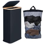 efluky Panier à Linge Mince 63L, Panier à Linge étroit avec Couvercle, Noir Bac à Linge Pliable avec Poignées en Bambou et sac Amovible pour Chambre, Salle de Bain, Buanderie