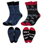 2 paires chaussettes de jeu Chaussettes amusantes femmes hommes coton Lettres chaussettes antidérapantes cadeaux Fantaisie Chaussettes fantasie Noël pour les joueurs, bleu foncé noir