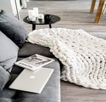 Large Chunky Knit Blanket Throw, Hand Made Cable Knitted with Heavy Thick Vegan Yarn, Big Bulky,Home Decor for Couch,White,100 * 200CM