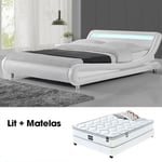 MEUBLER DESIGN Lit Led Design Julio Blanc 140cm Avec Matelas Romance, Polyuréthane, Style Contemporain, 206.5 x 155 x 62 cm