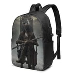 Lsjuee Sac à Dos USB Bloodborne 17 po Sac à Dos pour Ordinateur Portable Unisexe de Voyage, Durable et étanche avec Port de Chargement USB pour